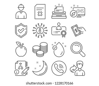 Set of Vitamin e, Pay money and Tips icons. Certificate, Engineer and Algorithm signs. Delete file, Typewriter and Search symbols. Oil drop, Hold cash, Cash coins. Certificate vector