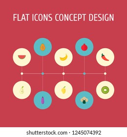 Set of vitamin icons flat style symbols with chili, eggplant, banana and other icons for your web mobile app logo design.