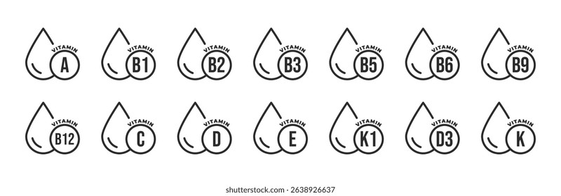 Set of vitamin icons inside drop shapes labeled A, B1–B12, C, D3, E, K1, and K, in black on white background, representing nutritional supplements, health, wellness, or dietary infographics.