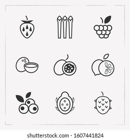 Set of vitamin icons line style symbols with blueberries, asparagus, lime and other icons for your web mobile app logo design.