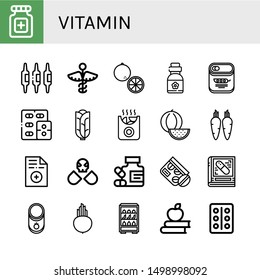 Set of vitamin icons such as Pills, Calcium, Medicine, Orange, Vitamins, Peas, Cabbage, Potatoes, Watermelon, Carrot, Prescription, Drugs, Pharmacy, Tomato, Beet, Fruits , vitamin