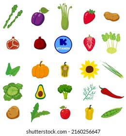 Menge natürlicher Vitamin-K-Quellen. Gesundes Tagebuch, grünes Gemüse, Obst, Beeren. Bio-Diätprodukte, natürliche Nährstoffsammlung. Vektorgrafik-Flachbild-Illustration einzeln