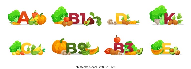 Set of vitamin letters with healthy food illustrations. Vector illustration