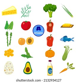 Set of Vitamin A origin natural sources. Healthy diary food, fruits, greens, vegetables, fish. Organic diet products, natural nutrition collection. Vector flat cartoon