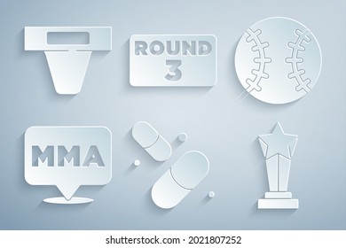 Set Vitamin Pill, Baseball Ball, Fight Club MMA, Award Cup, Boxing Ring Board And Groin Guard Icon. Vector