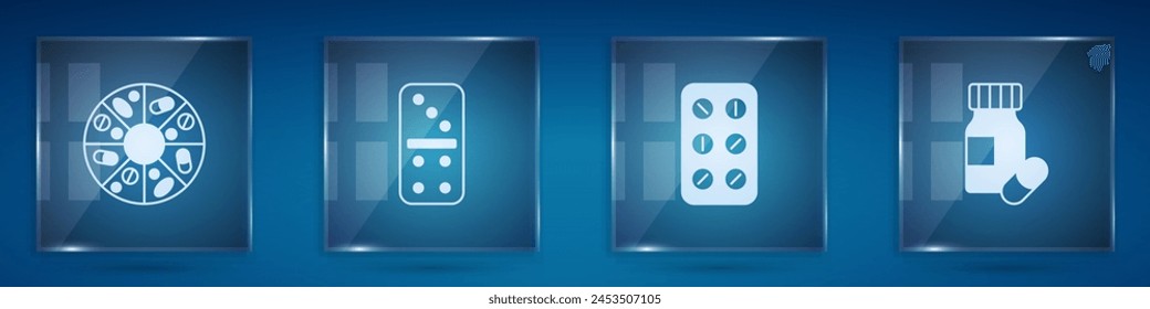 Set Vitamin pill, Domino, Pills blister pack and Medicine bottle and pills. Square glass panels. Vector