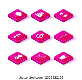 Set Vitamin pill, No Smoking, Smart watch, Stopwatch, Glass with water, Carrot, Dumbbell and Stack hot stones icon. Vector