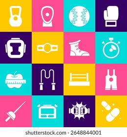 Set Vitamin pill, Wrestling singlet, Stopwatch, Baseball ball, Boxing belt, helmet, Kettlebell and Sport boxing shoes icon. Vector