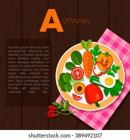 Set of vitamin A and useful products: parsley, pepper, broccoli, mango, apricot, spinach, carrot, tomato, milk, pumpkin, melon, rosehip. Healthy lifestyle and diet vector concept. Food on plate.