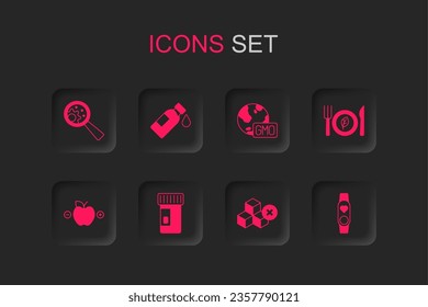 Set Vitamins, Bottle of water, GMO, No sugar free, Vegan food diet, Smart watch with heart,  and Calorie calculator icon. Vector