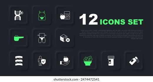 Set Vitamins, Bottle of water, Women waist, Salad bowl, Sports nutrition proteine, Healthy lifestyle, Obesity and Apple icon. Vector