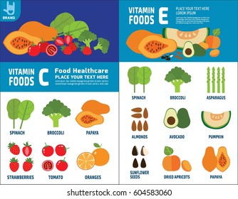 Set of Vitamins C and Vitamins E foods healthy plan.
vitamins and minerals infographic elements. nutrient.
Medical healthcare concept.
Vector flat icon cartoon design illustration template brochure