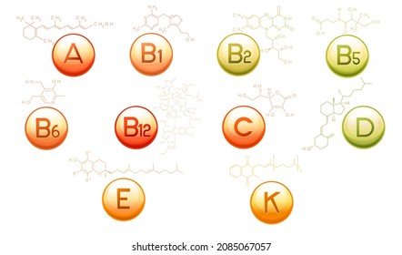 Set of vitamins capsule with molecular formula and structure vector illustration on white background