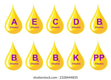 Set Vitamins isolated on White background. Set of Multi Vitamin complex icons. Multivitamin supplement. Vitamin A, B group B1, B2, B6, B12, C, D,  E, K, PP. Essential vitamin complex. Vector 