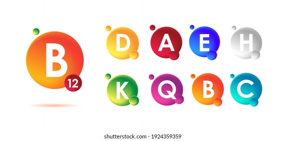 Set of vitamins labels in multicolored 3d circles, diet supplements design element, isolated