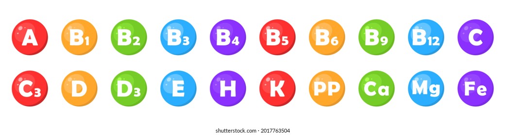A set of vitamins or minerals. Essential nutrients for health. Vector illustration
