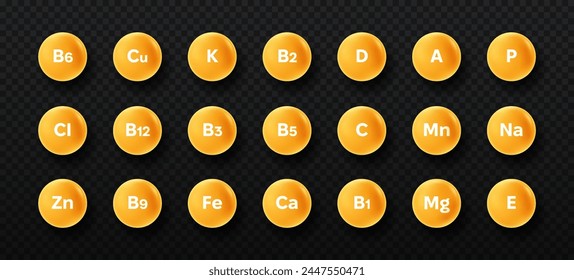 Set of vitamins. Natural supplements for healthy lifestyle and proper diet, nutrition. Zink, calcium and magnesium. Cartoon flat vector collection isolated on transparent background