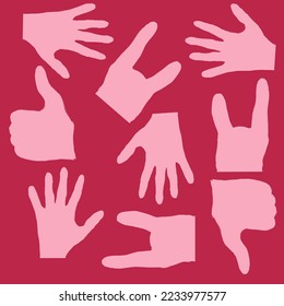 Set of viva magenta hand gestures on pink background. Palm silhouette, thumb up and a rock and roll symbol. Creative abstraction with gestures.