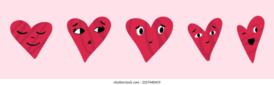 Set of viva magenta happy heart emoticons. Cute cartoon characters. Bright vector set of heart icons. Creative hands draw hearts with different emotions. Vector illustration