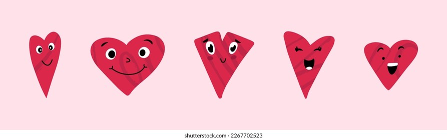 Set of viva magenta happy heart emoticons. Cute cartoon characters. Bright vector set of heart icons. Creative hands draw hearts with different emotions. Vector illustration