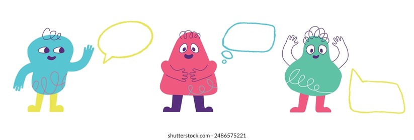 Eine Reihe lebendiger naiver Charaktere für Kinder mit Doodle-Blasen. Vektorgrafik spielerische Design-Elemente.