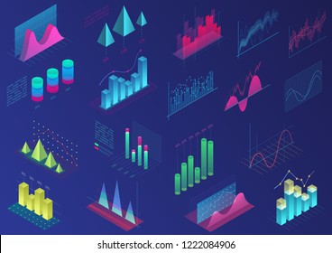 Conjunto de elementos infográficos vivos y coloridos para nuestro diseño, gráficos de presentación, estadísticas de datos. Ilustración vectorial de diagrama luminoso isométrico 3d.