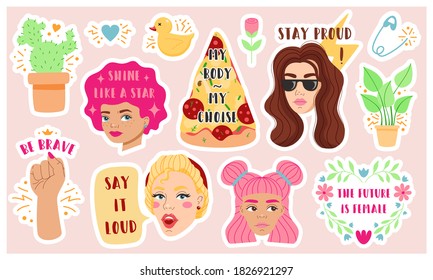 Set of vivid colorful vector illustrations of diverse female heads and various symbols with inscriptions designed for contemporary feminist women