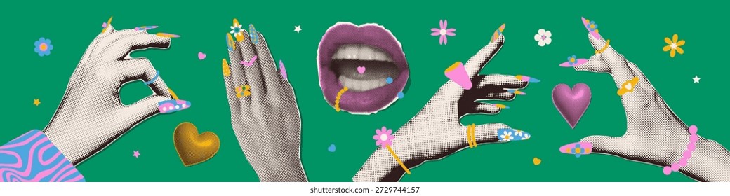 Conjunto de pegatinas de papel collage de semitono vívido de manos con joyas jugosas y gruesas. Maximalismo juguetón de Y2K con uñas brillantes, pulseras y coloridos anillos de acrílico. Vector. Accesorios de moda estilo 90s