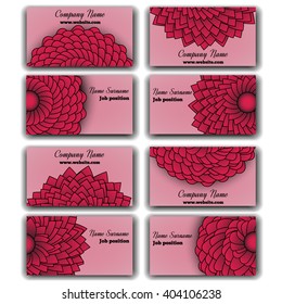 Set of Vivid Red Vector Business Cards With Chrysanthemums. Eight Visiting Cards.