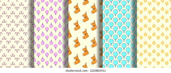 Set of vivid seamless patterns of candy, bauble, sock for printing and wrapping 