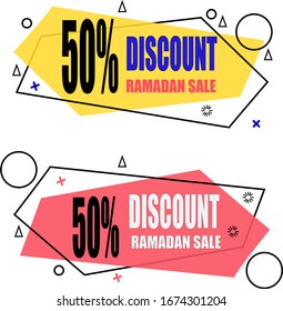  set Vivid transparent banners in retro poster design style. Vintage colors and shapes. Red and yellow ramadan sale