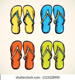 Set of vivid travel swimwear sandles on white backdrop. Freehand vibrant color hand drawn step-ins sketchy in art scribble retro style. Top close-up view with space for text on sunny sandy sea shore