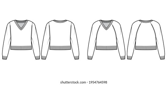 Set of V-neck cropped Sweaters technical fashion illustration with long raglan sleeves, waist length, knit rib trim. Flat jumper apparel front, back, white color style. Women, men unisex CAD mockup