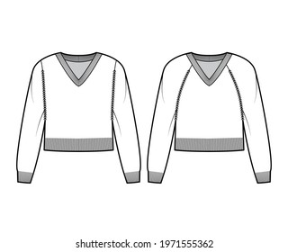 Set of V-neck cropped Sweaters technical fashion illustration with long raglan sleeves, waist length, knit rib trim. Flat jumper apparel front, white color style. Women, men unisex CAD mockup