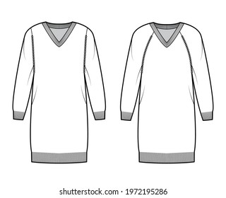 Set of V-neck dress Sweaters technical fashion illustration with long raglan sleeves, relax fit, knee length, knit rib trim. Flat jumper apparel front, white color style. Women, men unisex CAD mockup