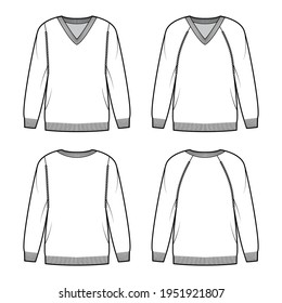 Set of V-neck Sweaters technical fashion illustration with long raglan sleeves, oversized, thigh length, knit rib trim. Flat apparel front, back, white color style. Women, men unisex CAD mockup