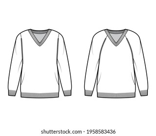 Set Of V-neck Sweaters Technical Fashion Illustration With Long Raglan Sleeves, Oversized, Thigh Length, Knit Rib Trim. Flat Jumper Apparel Front, White Color Style. Women, Men Unisex CAD Mockup