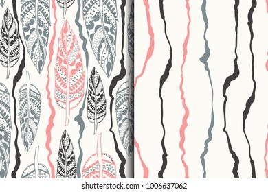 Set of vntage seamless patterns with tribal elements. Vector illustration with feathers and scribbled lines. Ethnic hand drawn texture; decorative background; boho style.