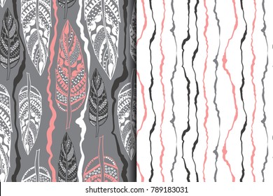 Set of vntage seamless patterns with tribal elements. Vector illustration with feathers and scribbled lines. Ethnic hand drawn texture; decorative background; boho style.