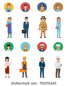 Set of vocations vector gardener with plant, young manager and lifesaver, doctor woman, waiter with tray, builder and mariner near cook