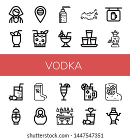 Set of vodka icons such as Russian, Cocktail, Russia, Alcohol, Shots, Bar, Samovar, Valenki, Matryoshka , vodka