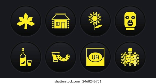Set Vodka with pepper and glass, Thief mask, Glass vodka, Flag of Ukraine, Sunflower, Ukrainian house, Wicker fence and Chestnut leaf icon. Vector