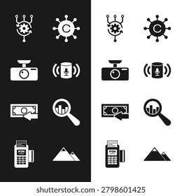 Set Voice assistant, Car DVR, Algorithm, Copywriting network, Cash back and Magnifying glass and analysis icon. Vector