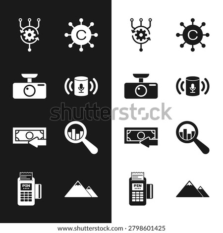 Set Voice assistant, Car DVR, Algorithm, Copywriting network, Cash back and Magnifying glass and analysis icon. Vector
