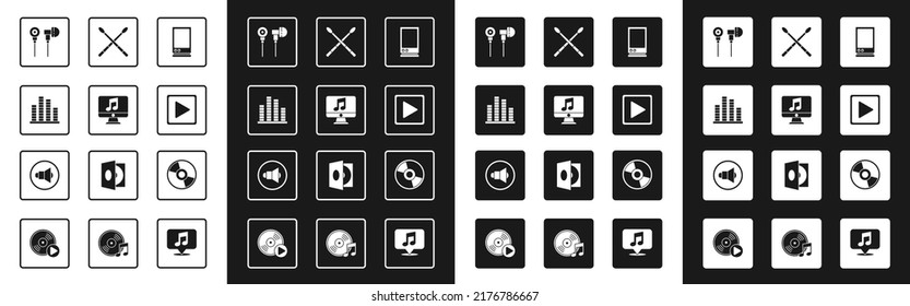 Set Voice assistant, Computer with music note, Music equalizer, Air headphones, Play in square, Drum sticks, CD or DVD disk and Speaker volume icon. Vector