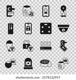 Set Voice assistant, Digital door lock, Motion sensor, Smartphone battery charge, Remote control,  and bathroom scales icon. Vector