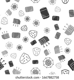 Set Voice assistant, Global technology or social network, Sim card and Cyber security on seamless pattern. Vector