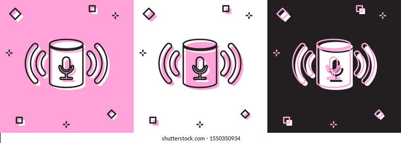 Set Voice assistant icon isolated on pink and white, black background. Voice control user interface smart speaker.  Vector Illustration