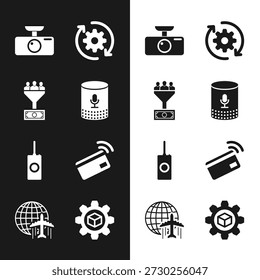 Set Voice assistant, Lead management, Car DVR, Gear and arrows workflow, Remote control and Contactless payment icon. Vector