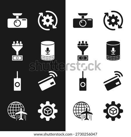 Set Voice assistant, Lead management, Car DVR, Gear and arrows workflow, Remote control and Contactless payment icon. Vector